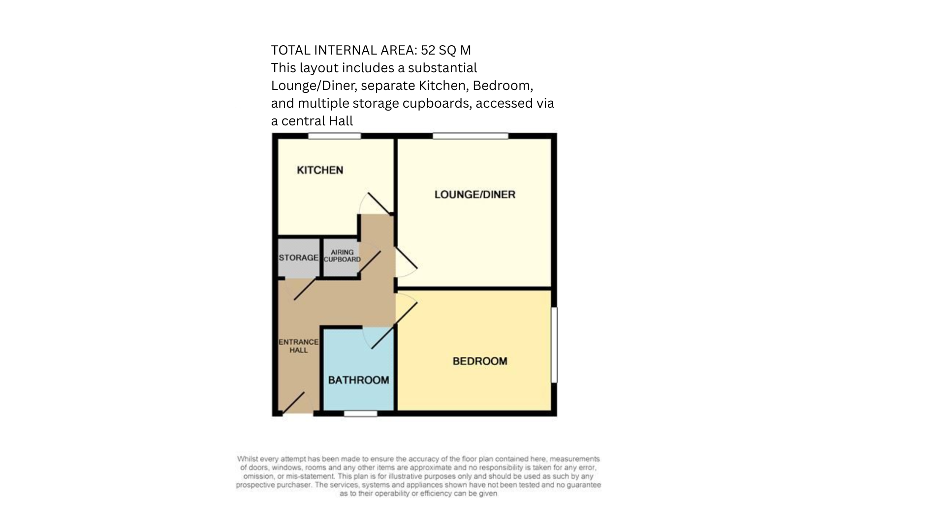 Floorplan for 48 Broom Court, showing lounge/diner, kitchen, bedroom, bathroom and storage